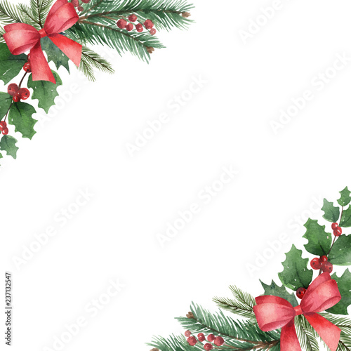 Watercolor vector Christmas wreath with green fir branches and red bow.