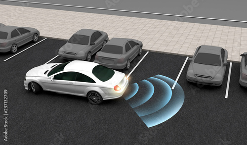 Smart car, Automatically parks in the Parking lot with Parking Assist System, 3D rendering image.