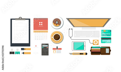 Office workplace, organization of working space, view from above vector Illustration