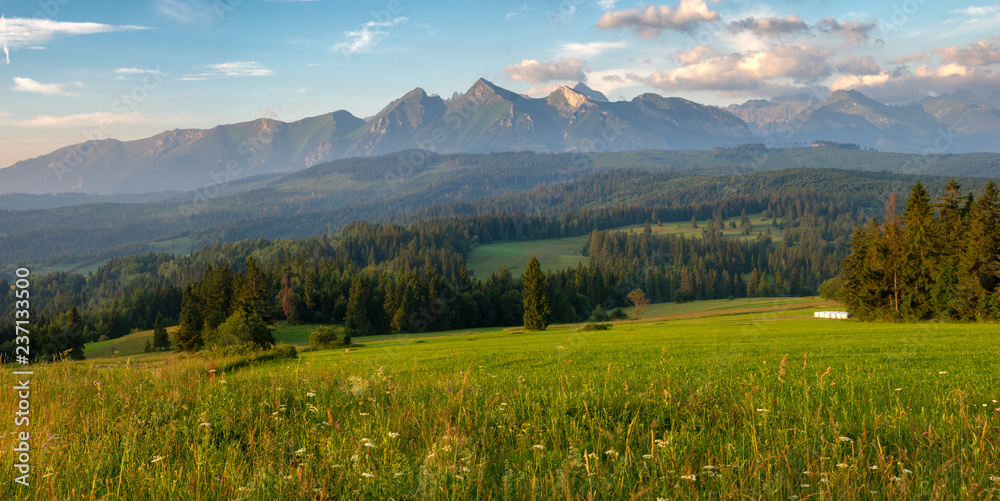 Fototapeta premium Spring panorama of mountains and a mountain meadow at sunrise,Tatra Mountains, Poland