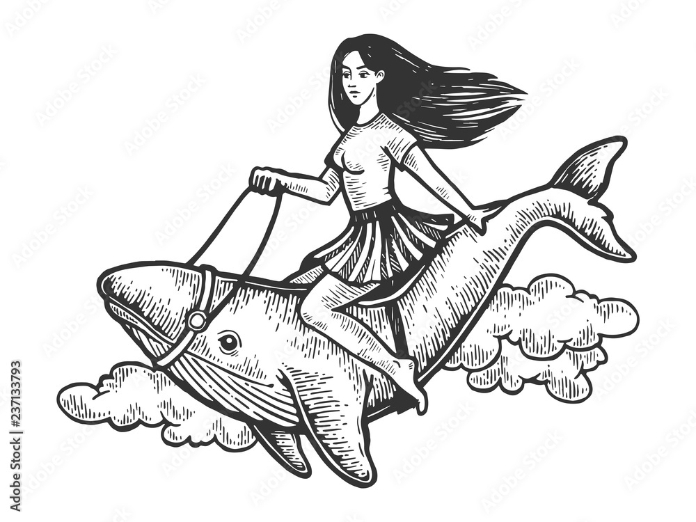 Sexy Beauty Girl Riding Whale Flying Through The Sky Vintage Engraving Vector Illustration