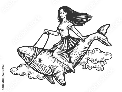 Sexy beauty girl riding whale flying through the sky vintage engraving vector illustration. Scratch board style imitation. Black and white hand drawn image.