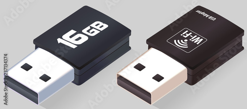 Isometric USB flash drive. Wi-Fi Adapter. Realistic Pen drives. Flash disk. Opened memory sticks isolated on gray background in 3D. could be used as a logo or icon.