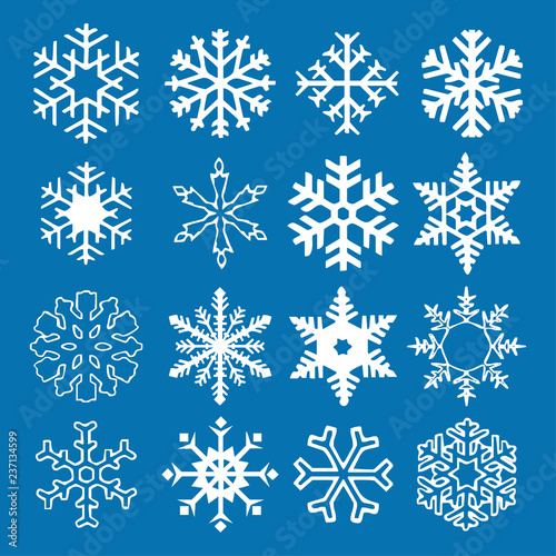 Snowflake vector icon background set blue color. Winter white christmas snow flake crystal element. Weather illustration ice collection. Xmas frost flat isolated silhouette symbol