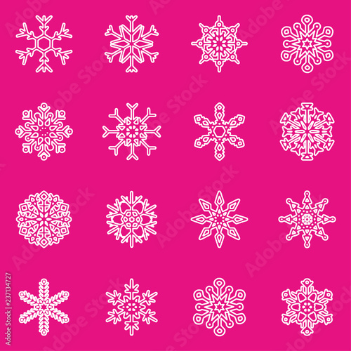 Snowflake vector icon background set plastic pink color. Trend 2019. Winter white christmas snow flake crystal element. Weather illustration ice collection. Xmas frost flat isolated silhouette symbol
