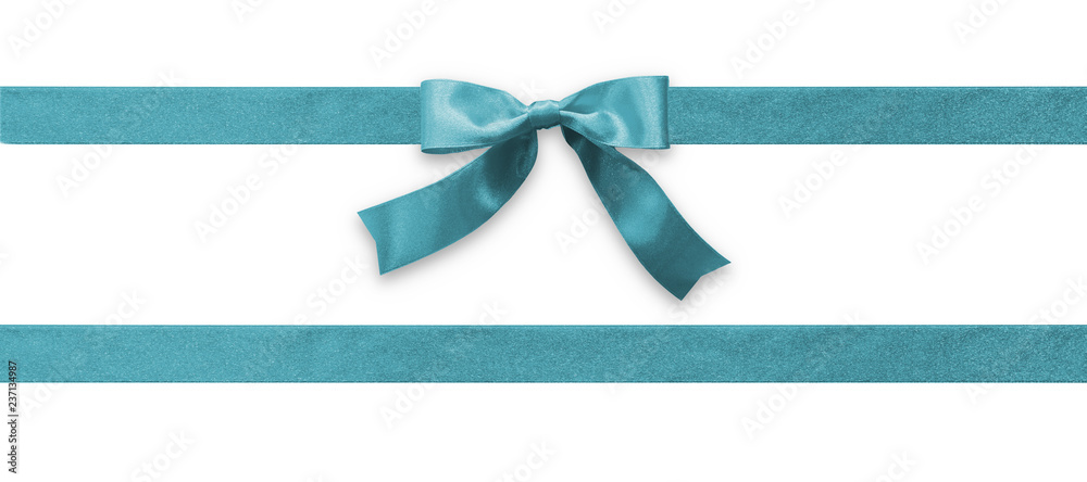 Teal bow ribbon band satin blue stripe fabric (isolated on white background with clipping path) for holiday gift box, wedding greeting card banner, present wrap design decoration ornament - obrazy, fototapety, plakaty 