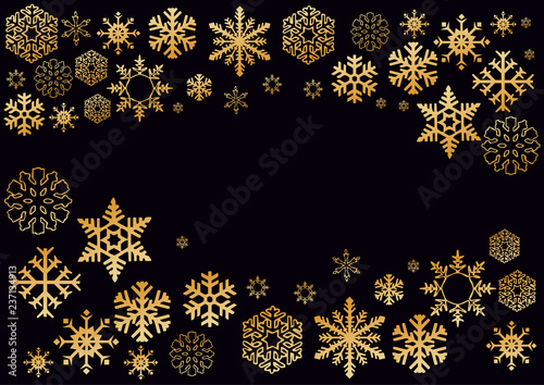 Snowflakes and circles border vector icon background set gold gradient color. Weather illustration ice collection. New Year card border holiday pattern with minimal snowflakes