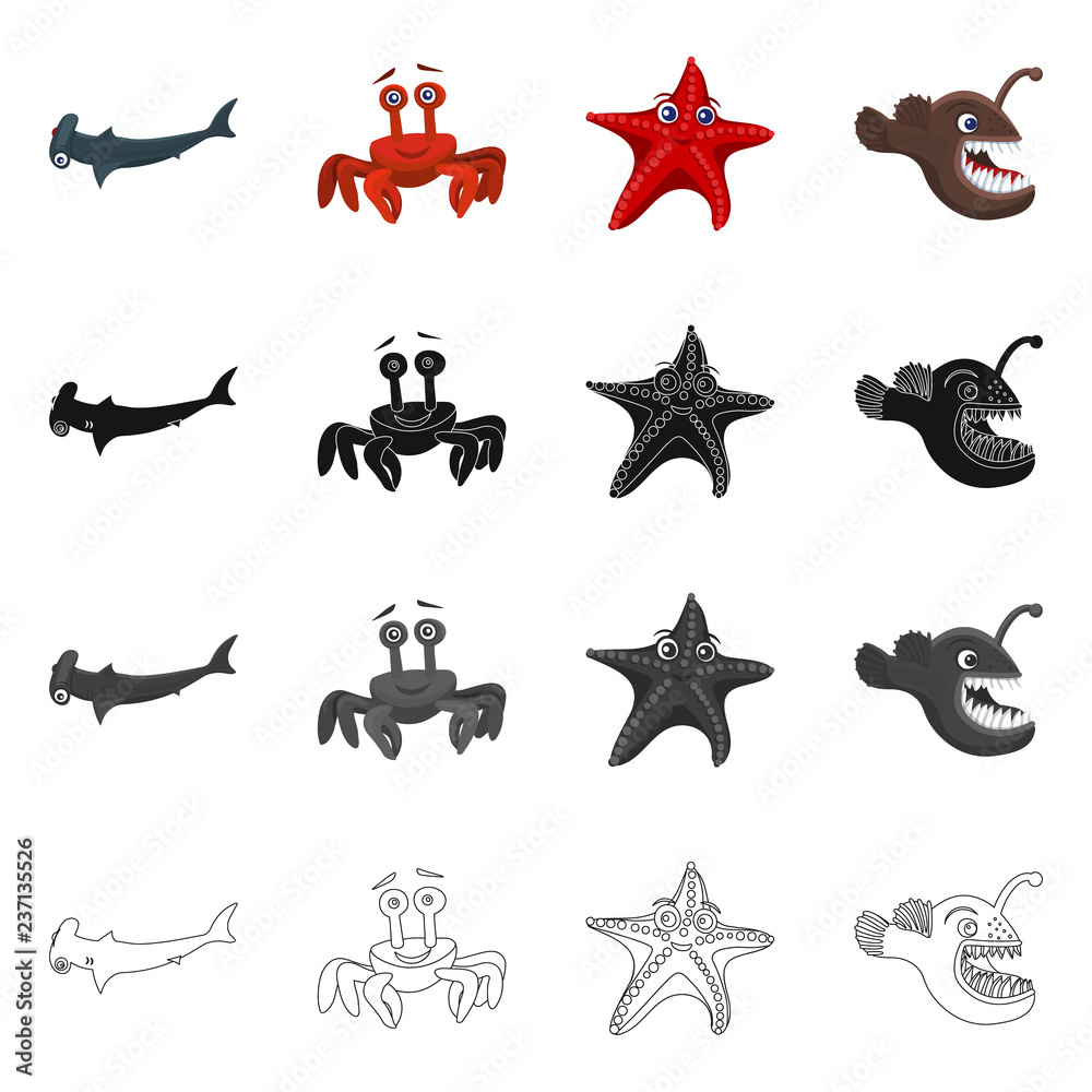 Obraz premium Vector illustration of sea and animal sign. Collection of sea and marine stock vector illustration.