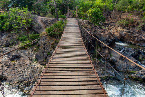 Hanging wooden bridge southern Laos