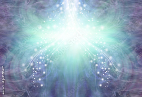 Cooling stream of purple jade energy background - symmetrical pattern of ethereal blue wispy energy and sparkles with a white light burst and copy space 