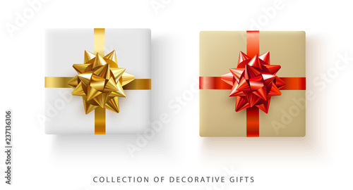 Set of decorative gifts with color satin bow isolated on white.