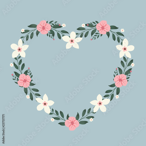 Floral greeting card and invitation template for wedding or birthday anniversary, Vector heart shape of text box label and frame, Colorful flowers wreath ivy style with branch and leaves.