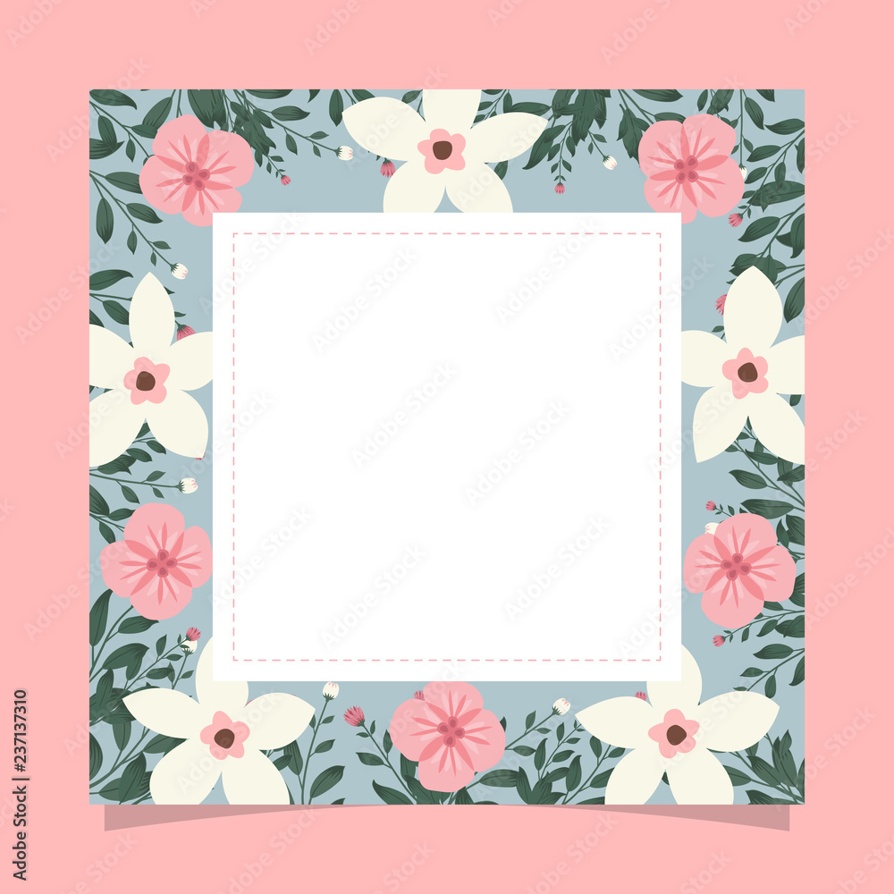 Floral greeting card and invitation template for wedding or birthday anniversary, Vector square shape of text box label and frame, Colorful flowers wreath ivy style with branch and leaves.