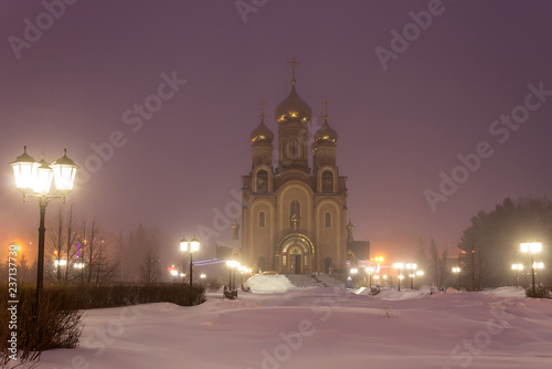 Orthodox temple in the winter night