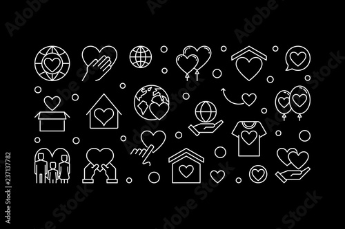 Volunteering vector concept horizontal linear illustration on black background