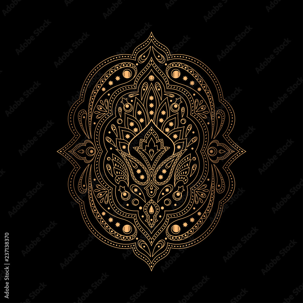 Luxury gold black mandala vector. Ethnic royal pattern. Damask arabesque design for Christmas ornaments, new year holiday card decoration, beauty spa salon decor, wedding invitation.