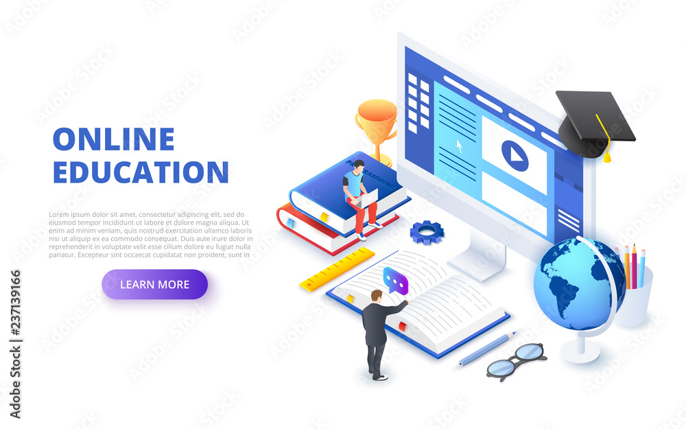 Online education design concept with computer, books and people. Isometric vector illustration. Landing page template for web.