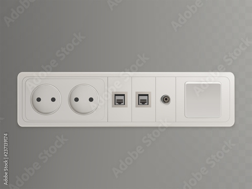 Multi socket wall outlet with electrical, ethernet, cable or satellite TV connections and light switch 3d realistic vector illustration isolated on transparent background. Home wiring organization