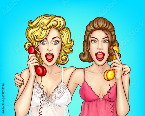 Unbelievable sale discount pop art vector concept with two surprised and excited women talking on retro telephones illustration. Phone sex service ad poster with sexy ladies in nightie calling clients