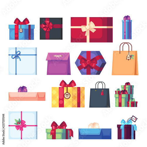 Collection of different cartoon present box isolated on white background. New Year s and Christmas bright decor in flat style. Colorful gift boxes with bows