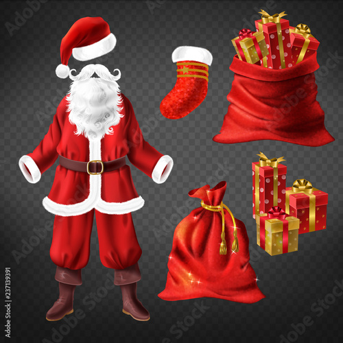 Santa Claus costume with leather boots, red hat, false beard and christmas stocking sock, large sack full of beautifully wrapped gift boxes 3d realistic vectors set isolated on transparent background