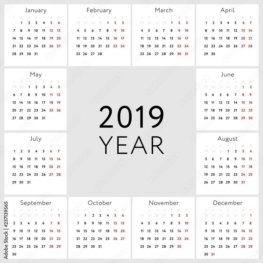 Vector calendar 2019 (English version) Vector calendar 2019 (English version)