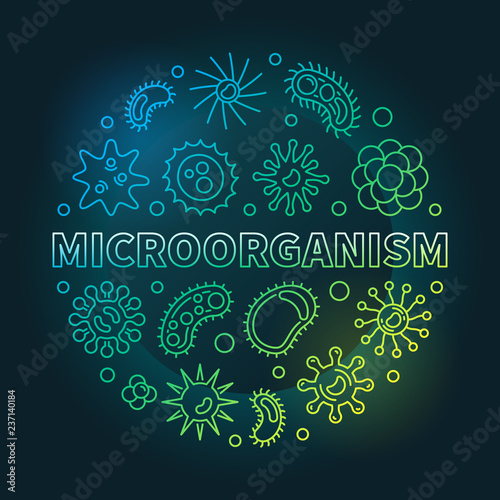 Microorganism vector colored circular virology and microbiology illustration in thin line style on dark background