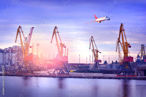 Business industry landscape. Sea port and an airplane on above.