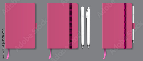 Pink realistic hard cover notebook with red bookmark, ribbon and pen. Vector illustration.