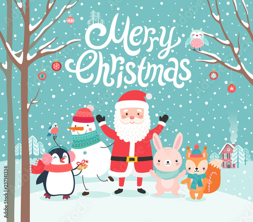 Cute characters hugging - Santa Claus, squirrel, rabbit, penguin and snowman. Merry Christmas card.