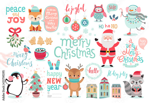 Christmas set, hand drawn style - calligraphy, animals and other elements.