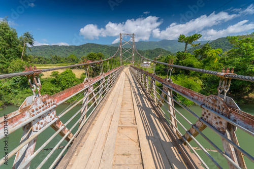 Wooden bridge over Nam Song river near Vang Vieng, Laos.