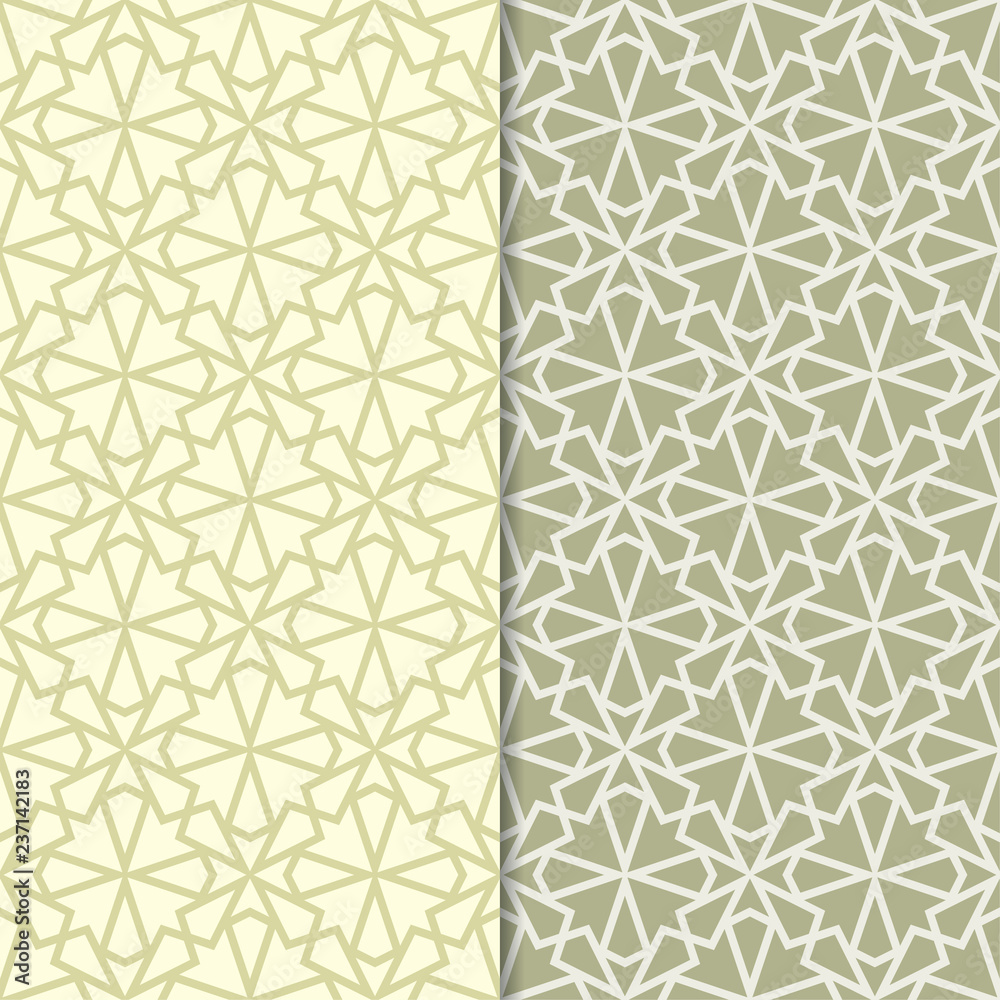 Fototapeta premium Olive green geometric ornaments. Set of seamless patterns