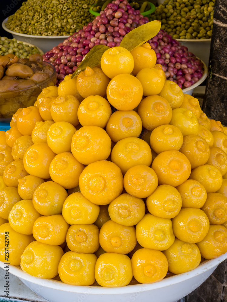 Lemons and olives at the souk in the Medina of Essaouira.