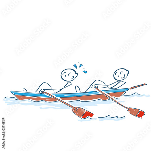 Strichmännchen sitzen zusammen im Ruderboot und rudern