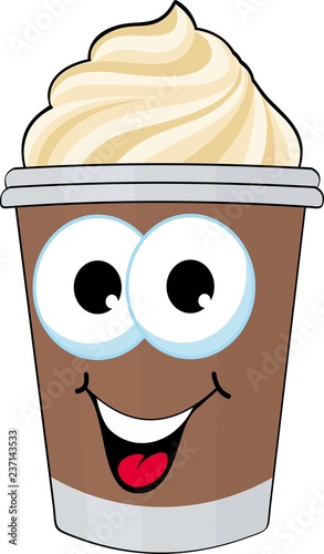 Coffee with whipped cream. Coffee in a cup without a handle. Coffee take away, dalivery. Funny cartoon character.