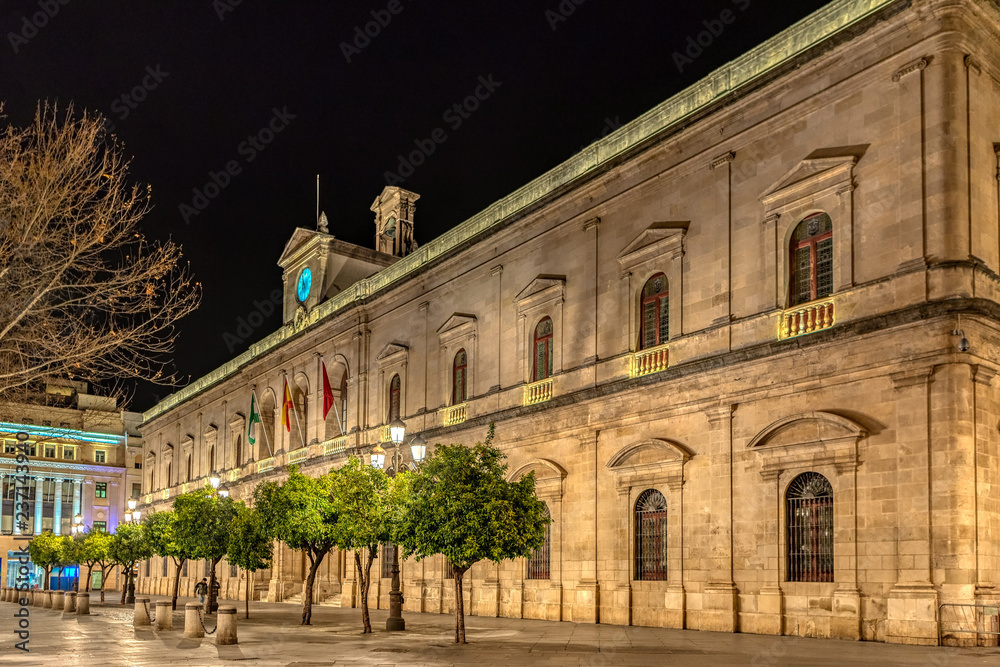 Night view of Seville town hall building in Andalusia, Spain.