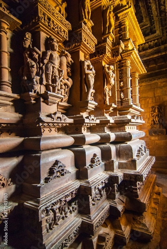 Interior of ancient 10th Century Hindu Lakshmana temple at Khajuraho, Madhya Pradesh, India.