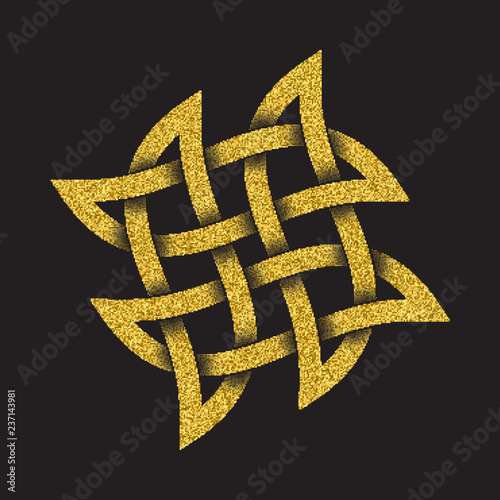 Golden glittering logo symbol in Celtic style on black background. Tribal symbol in hash mark form. Gold stamp for jewelry design.