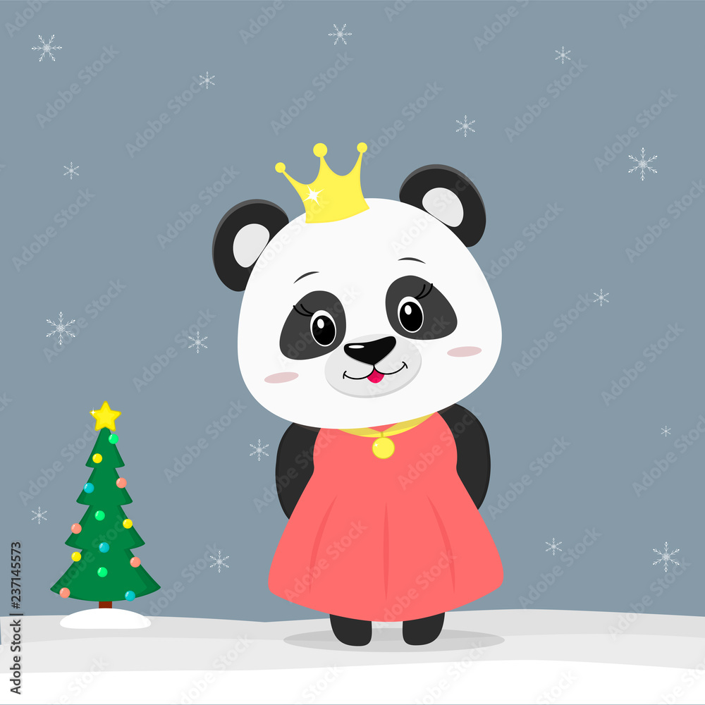 Happy New Year and Merry Christmas Greeting Card. Cute little panda dressed as a princess. Christmas tree in winter. The symbol of the new year in the Chinese calendar. Vector Happy New Year and Merry Christmas Greeting Card. Cute little panda dressed as a princess. Christmas tree in winter. The symbol of the new year in the Chinese calendar. Vector