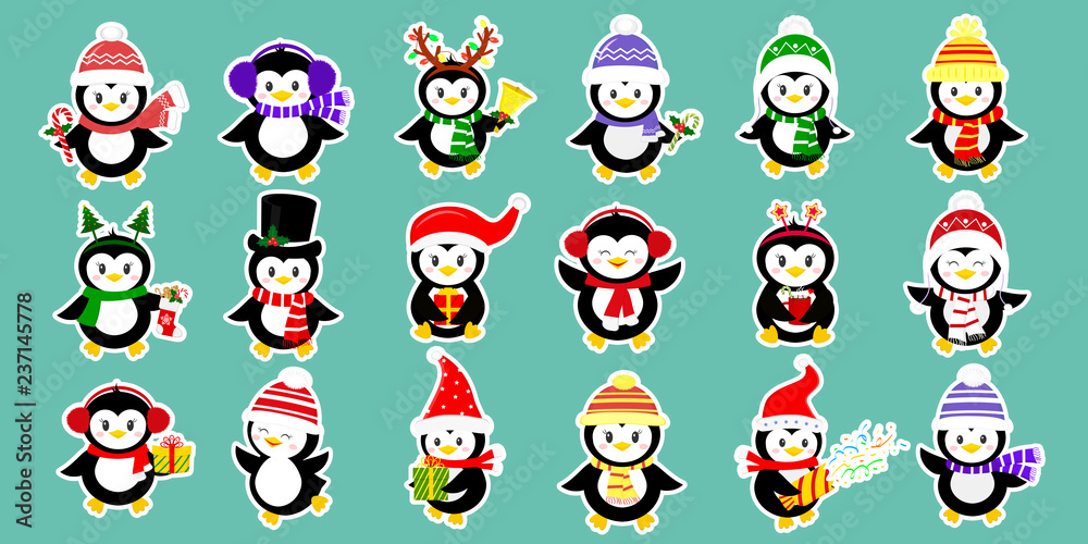 Fototapeta premium Mega-set of stickers of eighteen cute characters of penguins in different hats and accessories in white stroke. Celebrates New Year and Christmas. Cartoon style, vector