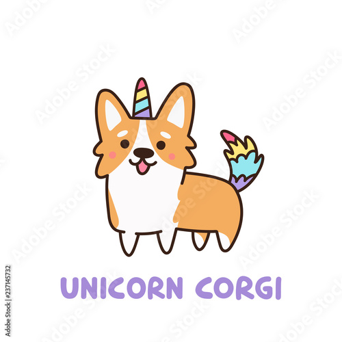 Cute dog breed welsh corgi in a unicorn costume with horn and colorful tail. It can be used for sticker, patch, phone case, poster, t-shirt, mug and other design. © viairevi