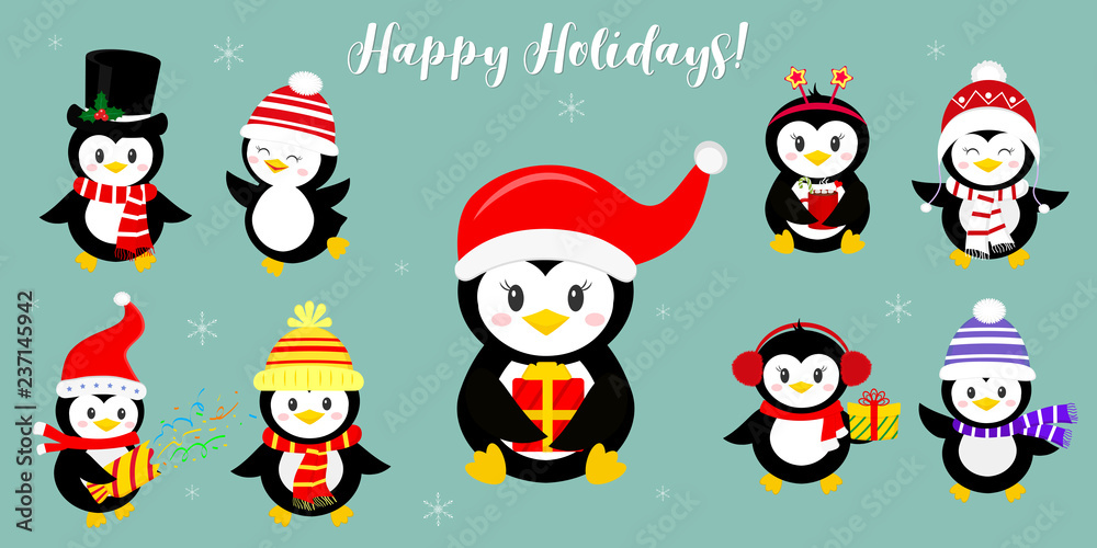 A set of nine happy penguin characters in different hats and accessories. Celebrates New Year and Christmas. Cartoon style, vector