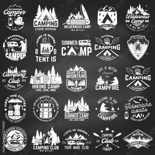 Summer camp. Vector. Concept for shirt or patch, print, stamp. Vintage typography design with rv trailer, camping tent, campfire, bear, coffee maker, pocket knife and forest silhouette.