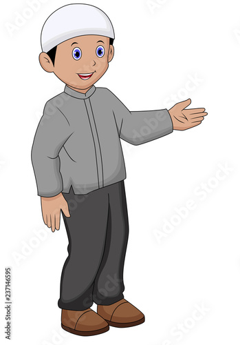 Illustration of a Muslim boy waving his left hand on a white background