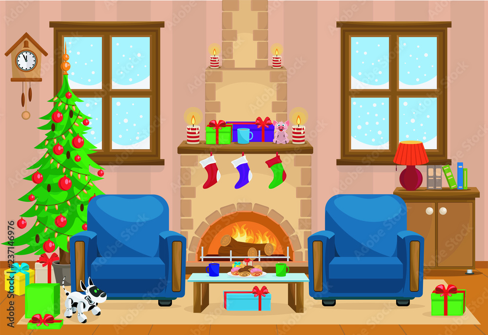 Vector illustration of Christmas living room with Christmas tree, gifts, chair, table with treats, snow-covered window and fireplace. An unexpected gift, dog robot.