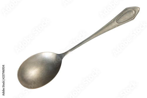 Top view of old silver beautiful tea spoon isolated on white background