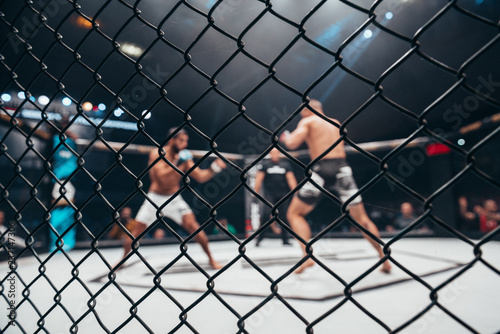 Fotografie Two fighters in ultimate fight cage during the match