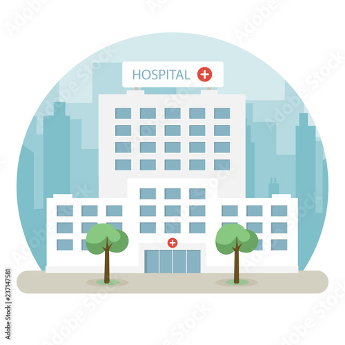Hospital building in a big city. Flat design photo