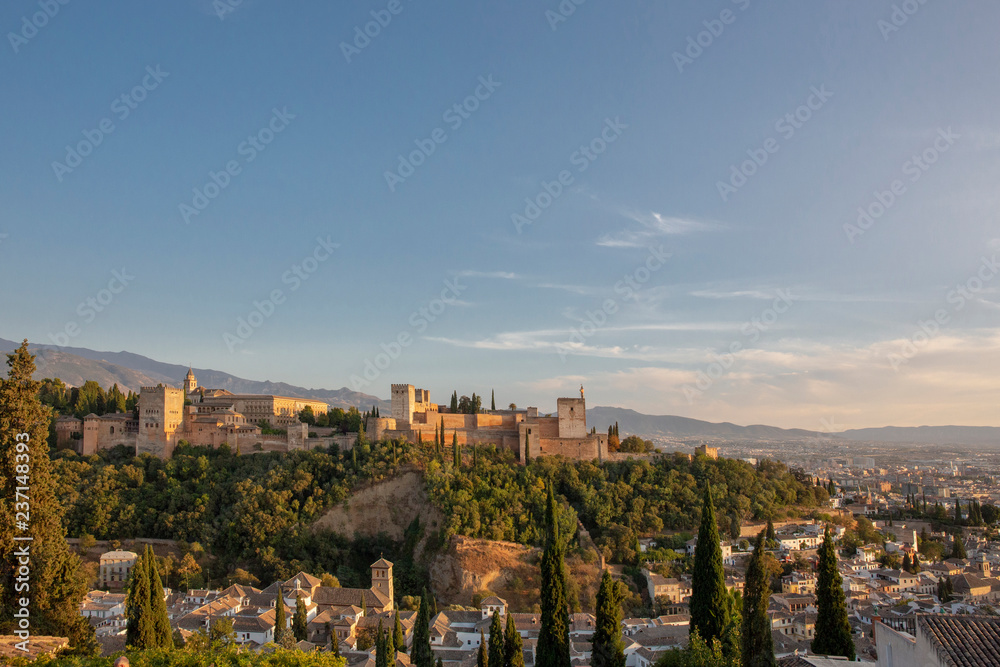 Alhambra of Granada, Spain. Alhambra fortress and Albaicin quarter at twilight